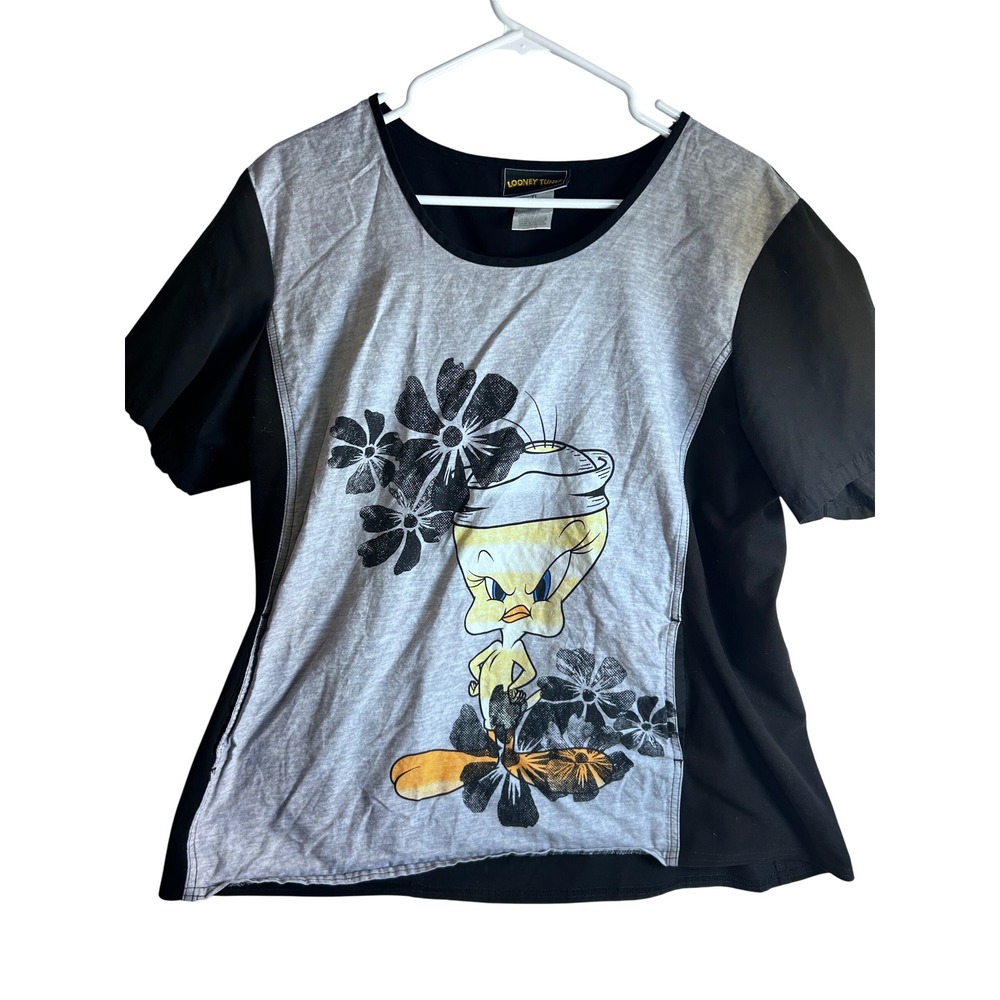 Looney Tunes Tweety Bird Scrub Top XL Black Gray Floral Graphic Women